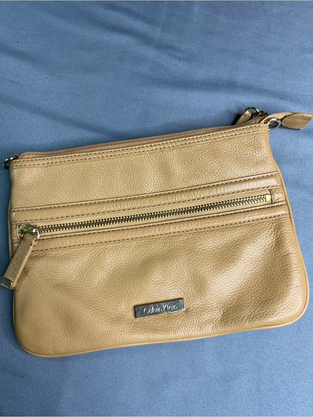 Calvin Klein Camel Pebbled Leather Zipper Pouch